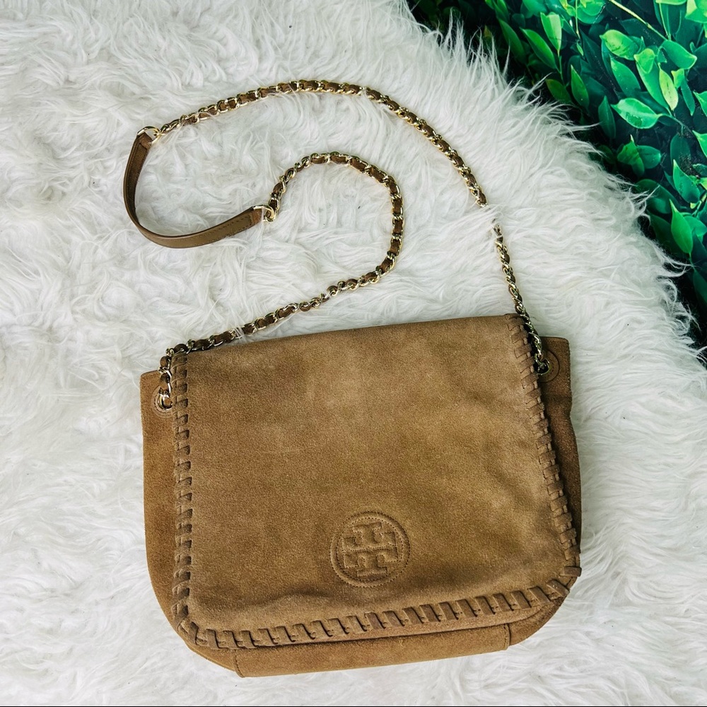Tory Burch brown / tan / camel color suede purse crossbody / shoulder bag fall